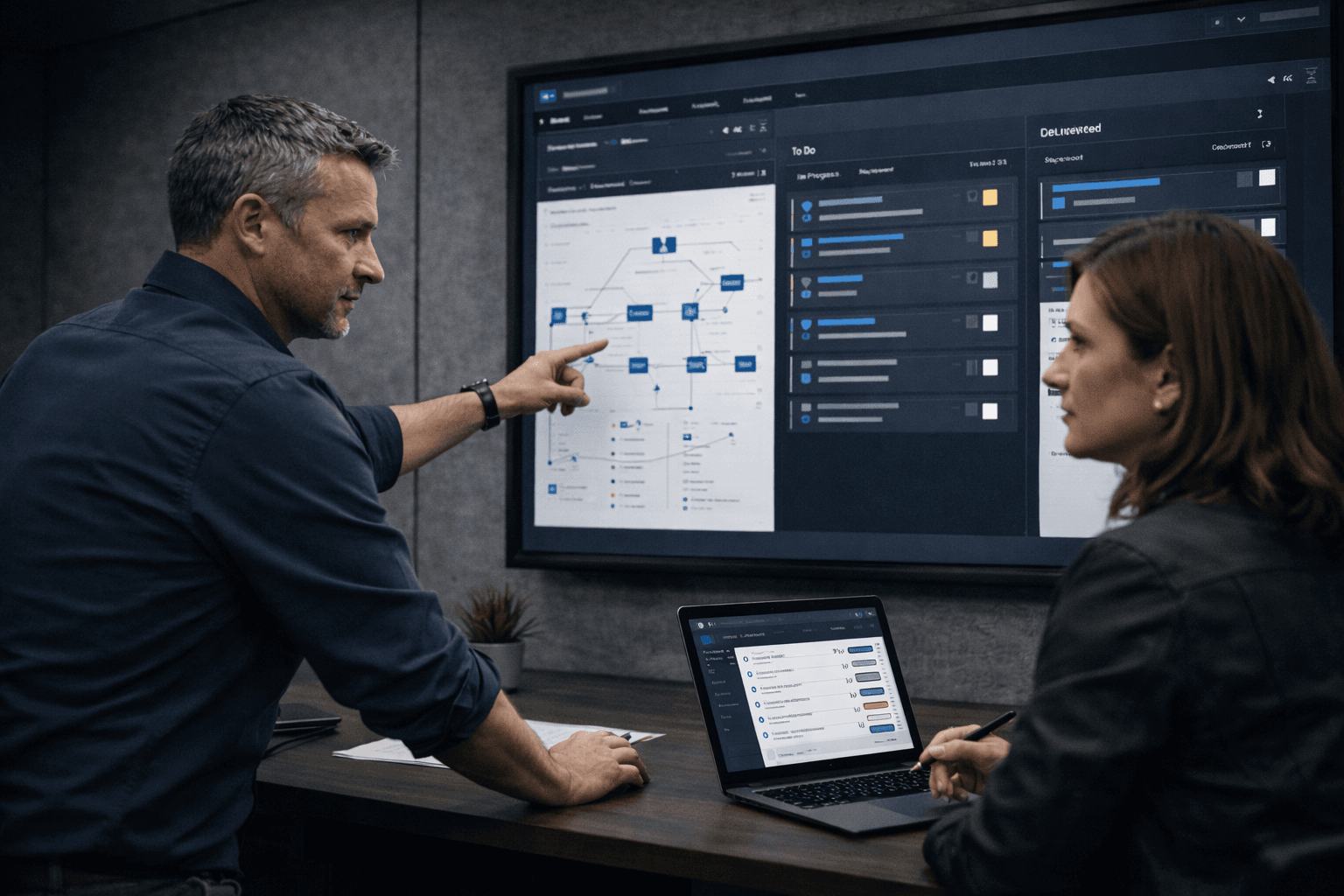 Operations leader and systems specialist reviewing a workflow